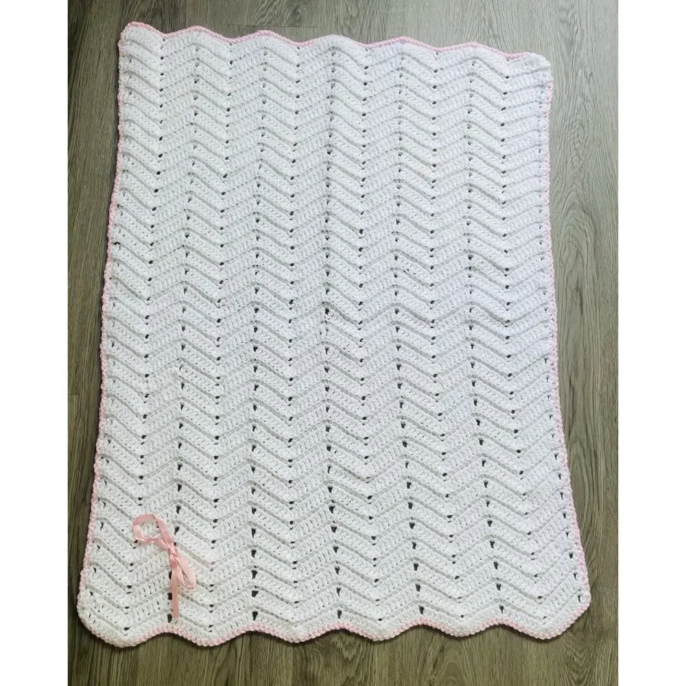 Vintage Crotchet Baby Crib Blanket Handmade White & Pastel Pink Satin Ribbon Bow